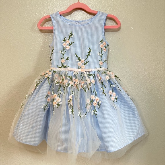 Pippa & Julie Other - Pippa and Julie Baby blue plaid girls dress with floral embroidery